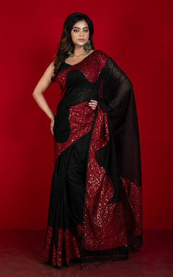 Hand Woven Gold Studded Sequin Work Tussar Matka Silk Saree in Black and Red