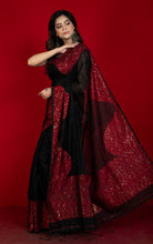 Hand Woven Gold Studded Sequin Work Tussar Matka Silk Saree in Black and Red