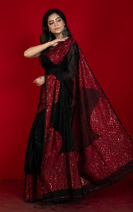 Hand Woven Gold Studded Sequin Work Tussar Matka Silk Saree in Black and Red