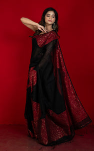 Hand Woven Gold Studded Sequin Work Tussar Matka Silk Saree in Black and Red