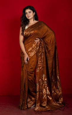 Premium Quality Double Warp Pure Matka Silk Jamdani Saree in Raw Umber, Antique Gold and Antique Silver