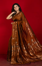Premium Quality Double Warp Pure Matka Silk Jamdani Saree in Raw Umber, Antique Gold and Antique Silver