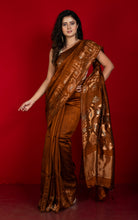 Premium Quality Double Warp Pure Matka Silk Jamdani Saree in Raw Umber, Antique Gold and Antique Silver