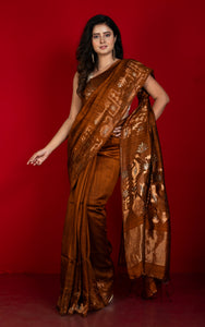 Premium Quality Double Warp Pure Matka Silk Jamdani Saree in Raw Umber, Antique Gold and Antique Silver