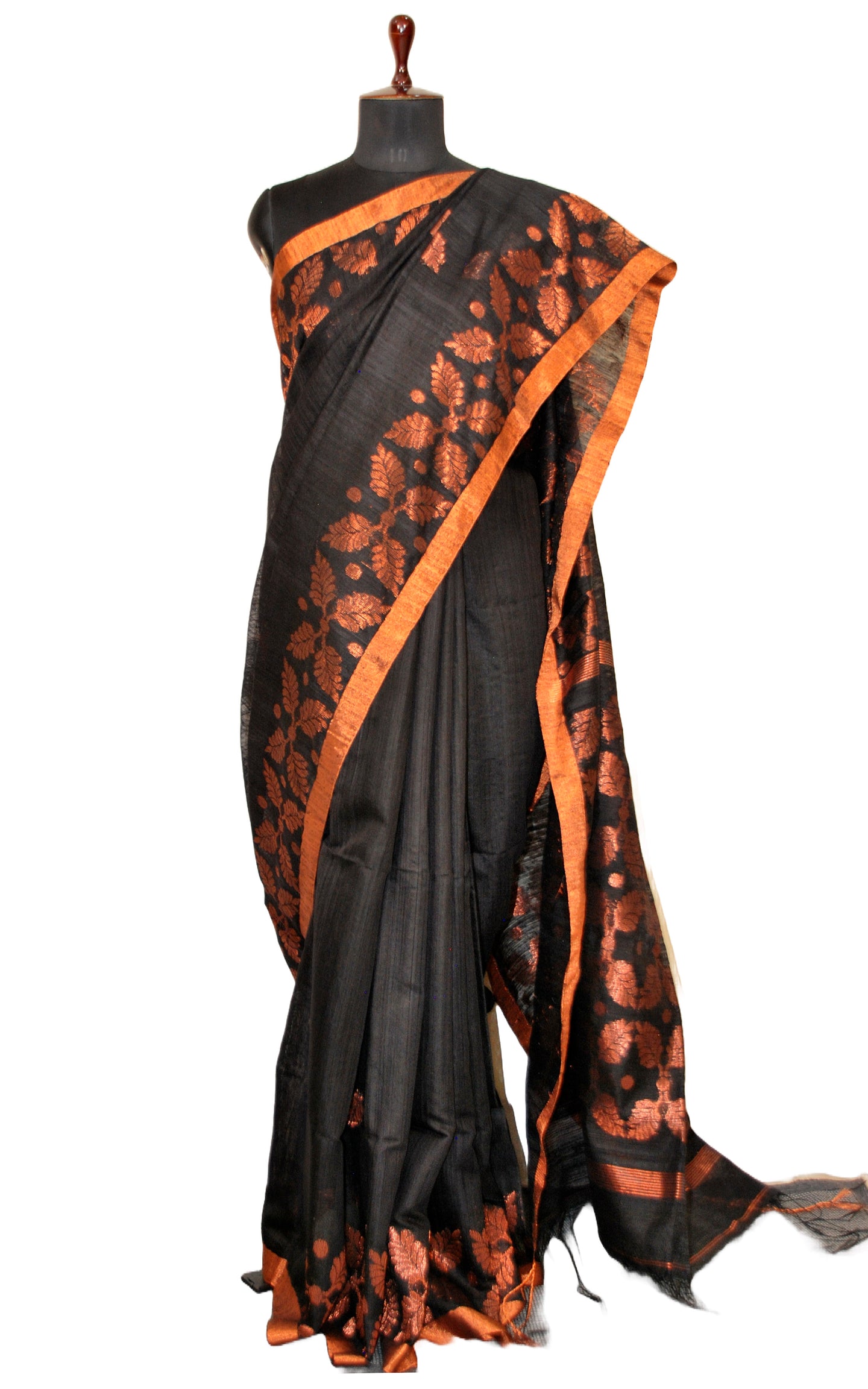 Woven Leaf Work Premium Matka Tussar Silk Jamdani Saree in Black and Copper