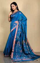 Woven Munia Work Premium Matka Tussar Silk Jamdani Saree in Yale Blue and Copper