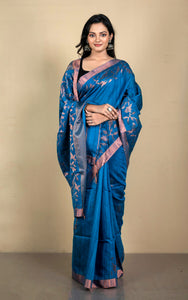 Woven Munia Work Premium Matka Tussar Silk Jamdani Saree in Yale Blue and Copper