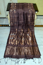 Premium Quality Double Warp Pure Matka Silk Jamdani Saree in Woody Brown, Antique Gold and Antique Silver