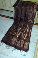 Premium Quality Double Warp Pure Matka Silk Jamdani Saree in Woody Brown, Antique Gold and Antique Silver