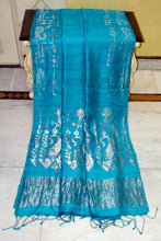 Premium Quality Double Warp Pure Matka Silk Jamdani Saree in Pacific Blue, Antique Gold and Antique Silver