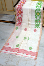 Premium Quality Woven Needle Karat Nakshi Work Pure Matka Silk Jamdani Saree in Off White, Red, Green and Antique Golden