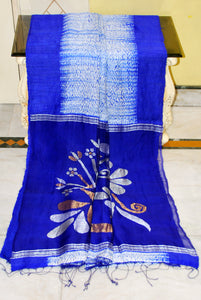 Tussar Shibori Matka Jamdani Saree in Off White, Royal Blue with Copper and Silver Zari Work