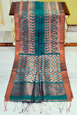 Woven Paisley Motif Work Premium Tussar Raw Silk Jamdani Saree in Teal Green and Copper