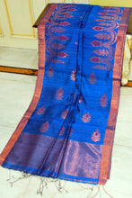 Woven Necklace Motif Work Premium Tussar Raw Silk Jamdani Saree in Royal Blue, Red and Copper