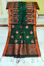 Woven Necklace Motif Work Premium Tussar Raw Silk Jamdani Saree in Emerald Green, Red and Copper