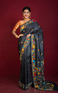 Hand Parsi Embroidery Work Tussar Silk Saree in Soot Black and Multicolored Thread Work