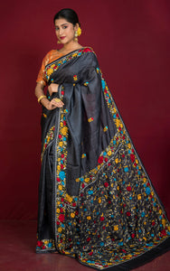 Hand Parsi Embroidery Work Tussar Silk Saree in Soot Black and Multicolored Thread Work
