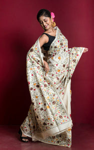 Hand Parsi Embroidery Work Tussar Silk Saree in Light Beige and Multicolored Thread Work