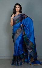 Printed Soft Tussar Silk Saree in Royal Azure, Black and Multicolored