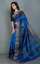 Printed Soft Tussar Silk Saree in Royal Azure, Black and Multicolored