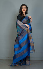 Printed Soft Tussar Silk Saree in Royal Azure, Black and Multicolored