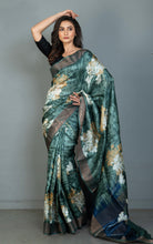 Printed Soft Tussar Silk Saree in Bettle Green, Dull Brown, Antique White and Nile Blue