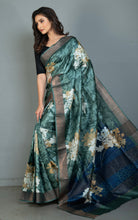Printed Soft Tussar Silk Saree in Bettle Green, Dull Brown, Antique White and Nile Blue