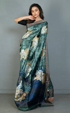 Printed Soft Tussar Silk Saree in Bettle Green, Dull Brown, Antique White and Nile Blue