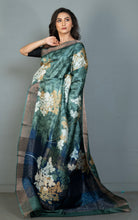 Printed Soft Tussar Silk Saree in Bettle Green, Dull Brown, Antique White and Nile Blue