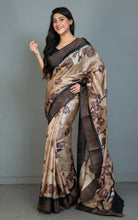 Printed Soft Tussar Silk Saree in Light Taupe, Rose Taupe and Black