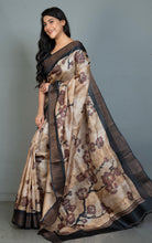 Printed Soft Tussar Silk Saree in Light Taupe, Rose Taupe and Black