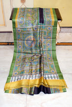 Kalamkari Printed Soft Tussar Silk Saree in Black, Khaki Green, Satin Sheen Gold and Multicolored