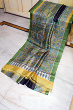Kalamkari Printed Soft Tussar Silk Saree in Black, Khaki Green, Satin Sheen Gold and Multicolored