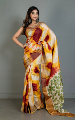 Tie and Dye Shibori Kalamkari Soft Tussar Silk Saree in Cherrywood, Fuel Yellow and Multicolored