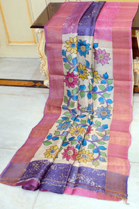 Shibori Kalamkari Soft Tussar Silk Saree with Matte finish Zari Border and in Pink, Purple, Lailac and Multicolored