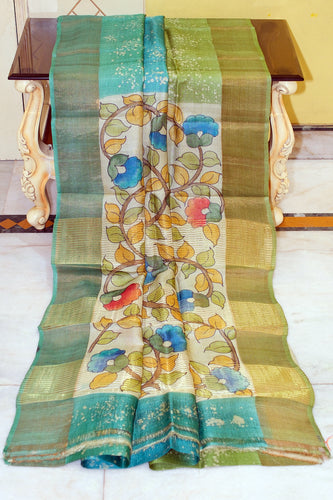 Shibori Kalamkari Soft Tussar Silk Saree with Matte finish Zari Border and in Keppel Green, Amazon Green and Olive Green