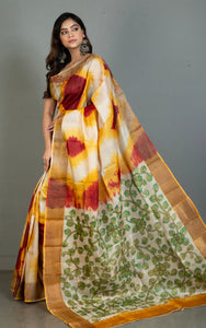 Tie and Dye Shibori Kalamkari Soft Tussar Silk Saree in Cherrywood, Fuel Yellow and Multicolored