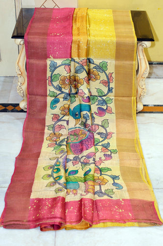 Shibori Kalamkari Soft Tussar Silk Saree with Matte finish Zari Border and in Cranberry, Bright Sun and Golden Dream