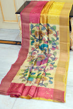 Shibori Kalamkari Soft Tussar Silk Saree with Matte finish Zari Border and in Cranberry, Bright Sun and Golden Dream