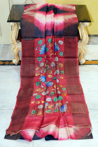 Tie and Dye Shibori Kalamkari Soft Tussar Silk Saree with Matte finish Zari Border in Midnight Blue, Red and Multicolored