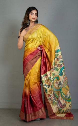 Shibori Kalamkari Soft Tussar Silk Saree with Matte finish Zari Border and in Cranberry, Bright Sun and Golden Dream