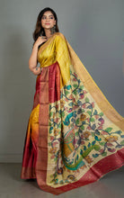 Shibori Kalamkari Soft Tussar Silk Saree with Matte finish Zari Border and in Cranberry, Bright Sun and Golden Dream