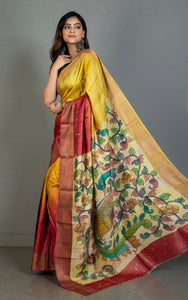 Shibori Kalamkari Soft Tussar Silk Saree with Matte finish Zari Border and in Cranberry, Bright Sun and Golden Dream