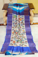 Tie and Dye Shibori Kalamkari Soft Tussar Silk Saree with Matte finish Zari Border in Ink Blue, Azure Blue and Multicolored