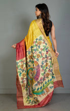 Shibori Kalamkari Soft Tussar Silk Saree with Matte finish Zari Border and in Cranberry, Bright Sun and Golden Dream