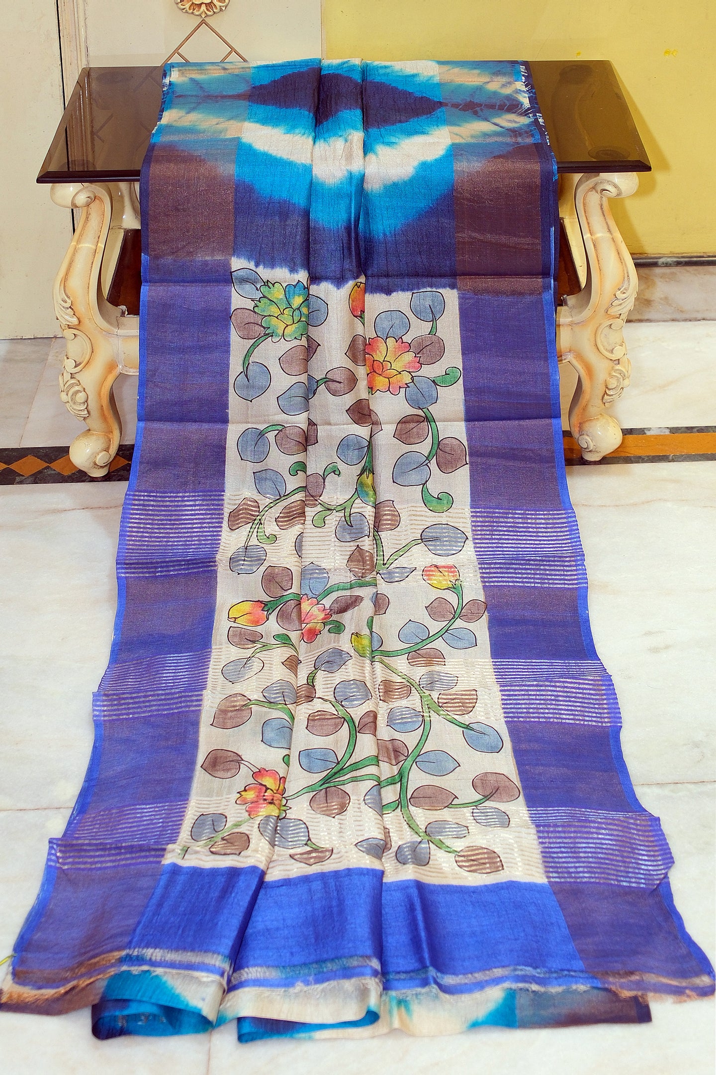 Tie and Dye Shibori Kalamkari Soft Tussar Silk Saree with Matte finish Zari Border in Ink Blue, Azure Blue and Multicolored