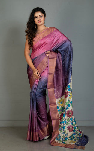 Shibori Kalamkari Soft Tussar Silk Saree with Matte finish Zari Border and in Pink, Purple, Lailac and Multicolored