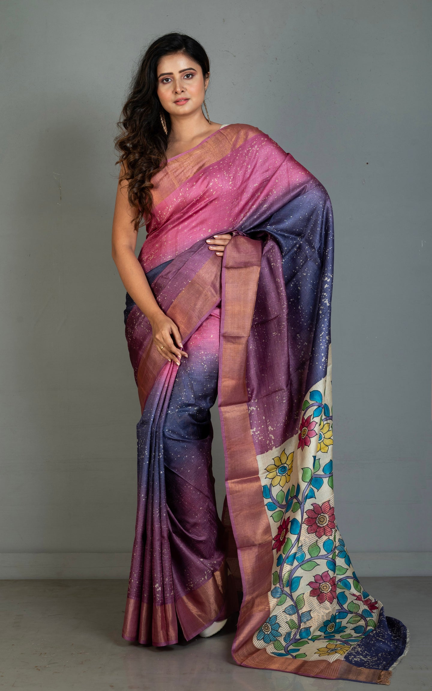 Shibori Kalamkari Soft Tussar Silk Saree with Matte finish Zari Border and in Pink, Purple, Lailac and Multicolored