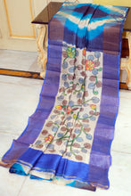 Tie and Dye Shibori Kalamkari Soft Tussar Silk Saree with Matte finish Zari Border in Ink Blue, Azure Blue and Multicolored
