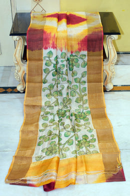 Tie and Dye Shibori Kalamkari Soft Tussar Silk Saree with Matte finish Zari Border in Maroon, Yellow and Multicolored